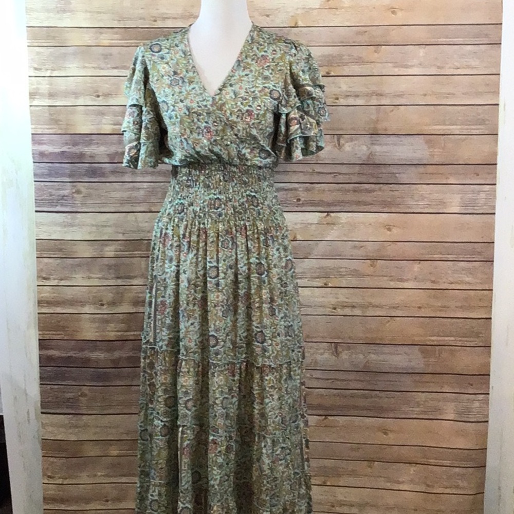 Blue/Green Ruched Flutter Sleeve Maxi Sundress